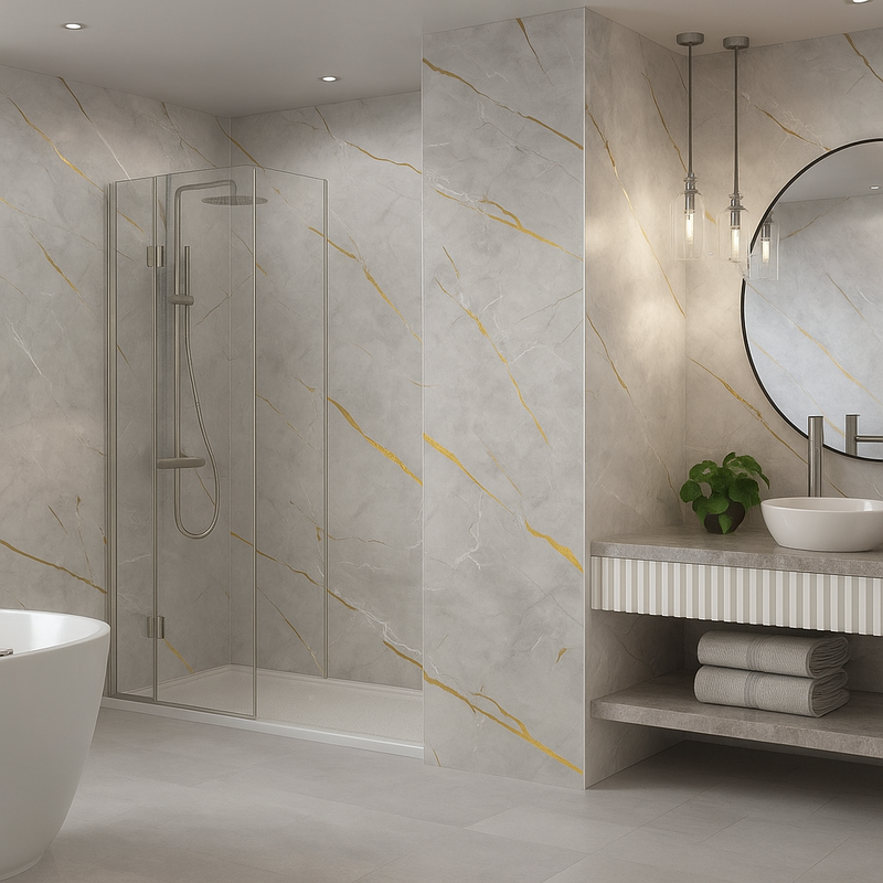 PVC Wandpaneel Betonlook Marmer Grijs met Goud – 280x122 cm – Waterbestendig & Hoogglans